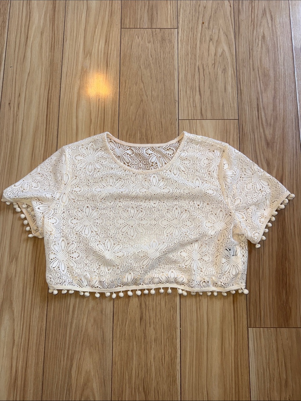 Cream Lace Crochet Crop Top with Pom Trim